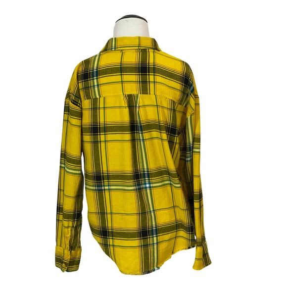 BP Plaid Frayed Hem Flannel Button Up Top - Yellow Multi - Small - Picture 3 of 11
